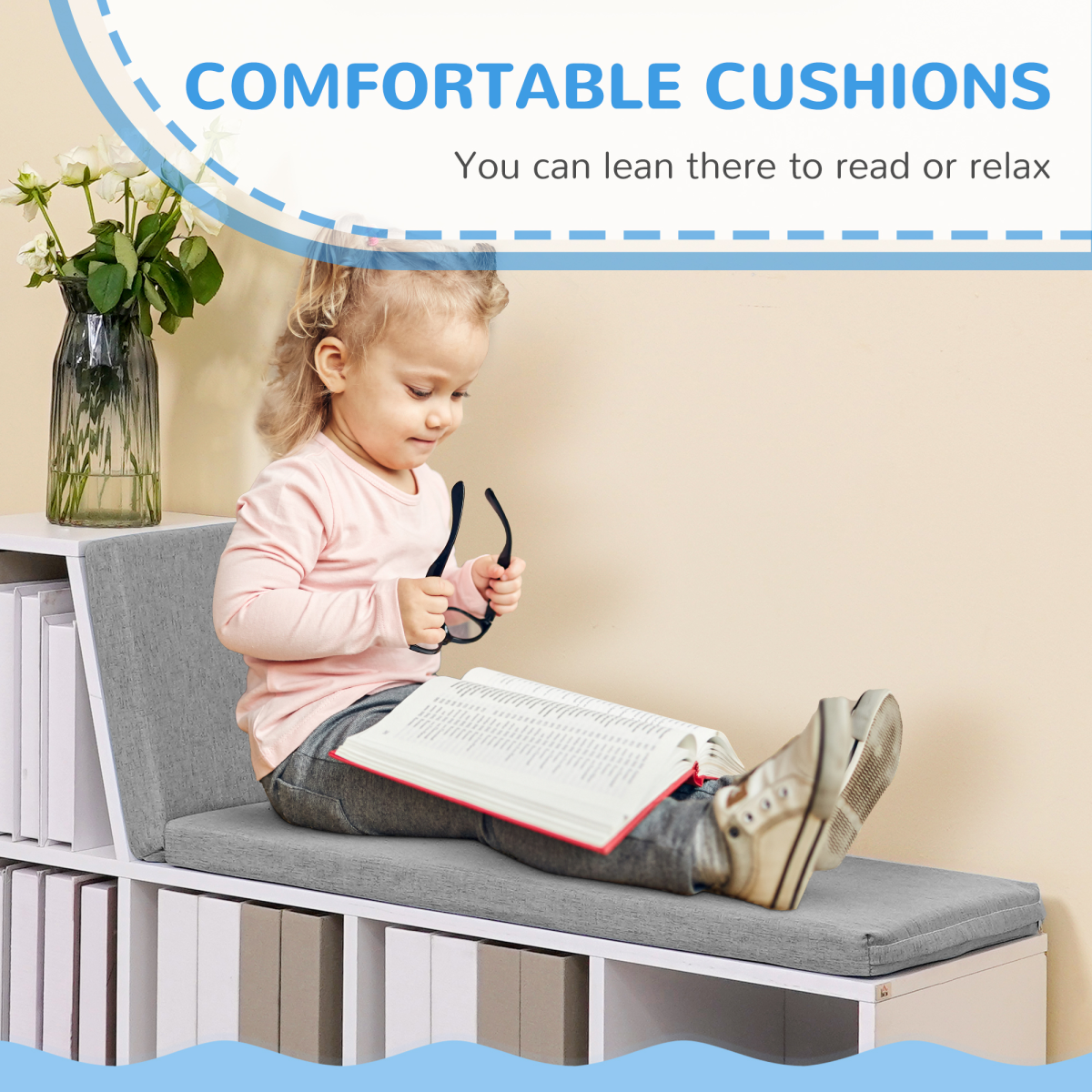2-Tier Modern White Bookcase with Removable Cushions
