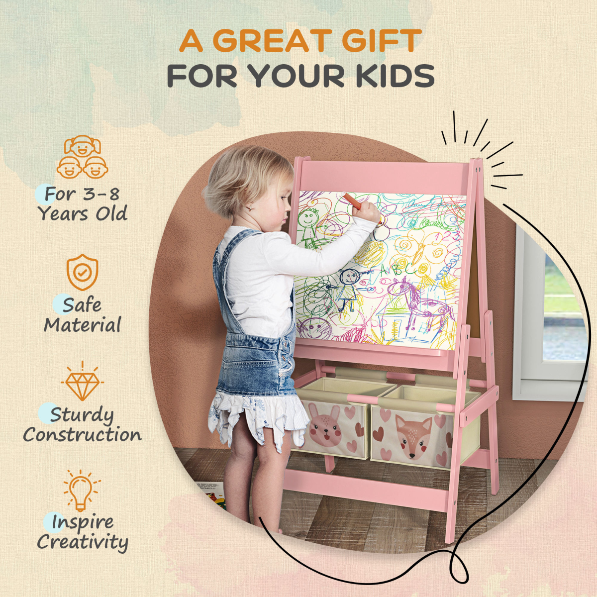 AIYAPLAY Kids 3-in-1 Easel with Paper Roll, Blackboard & Whiteboard, Pink