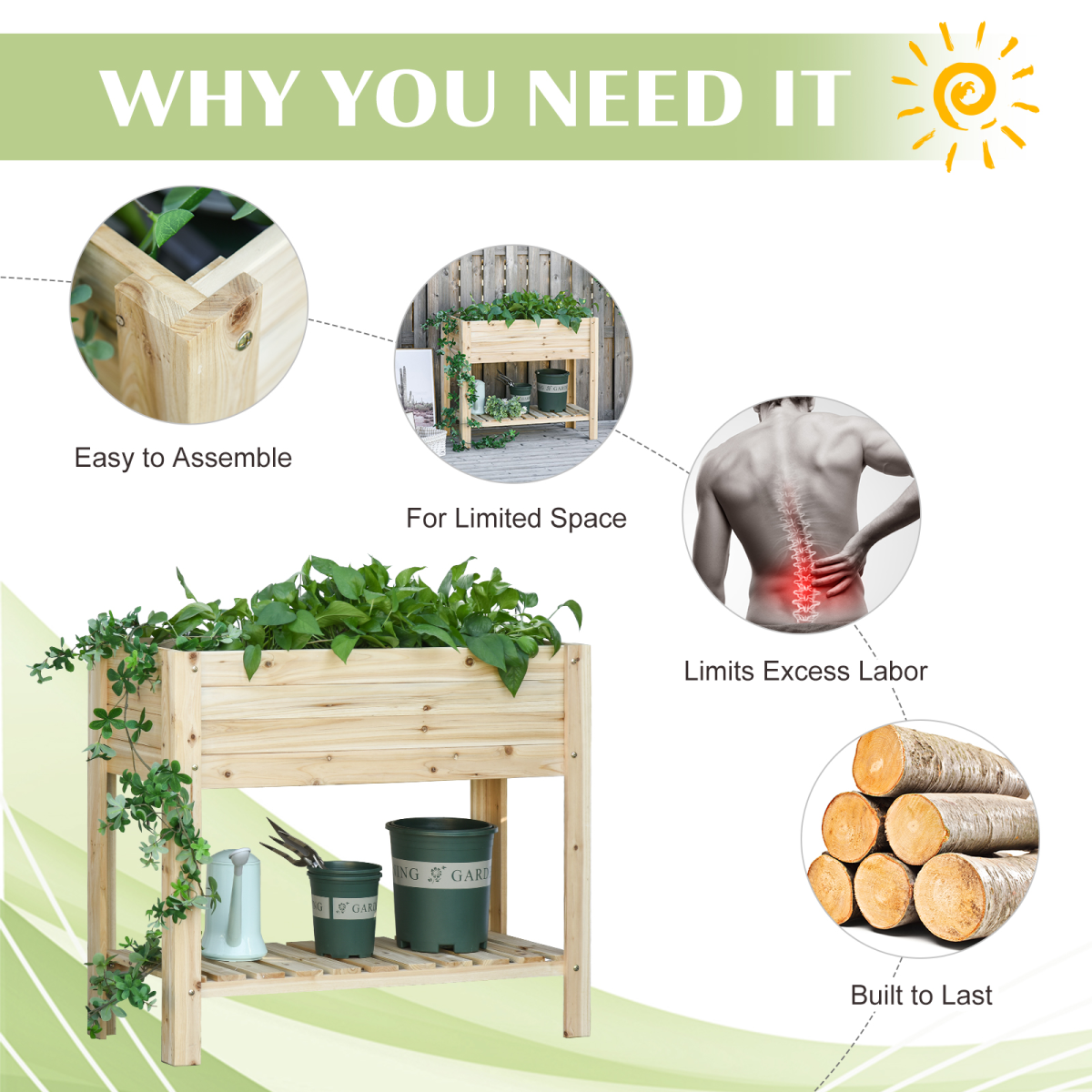 Outsunny Wooden Raised Plant Stand with Bottom Shelf 100x40x84cm