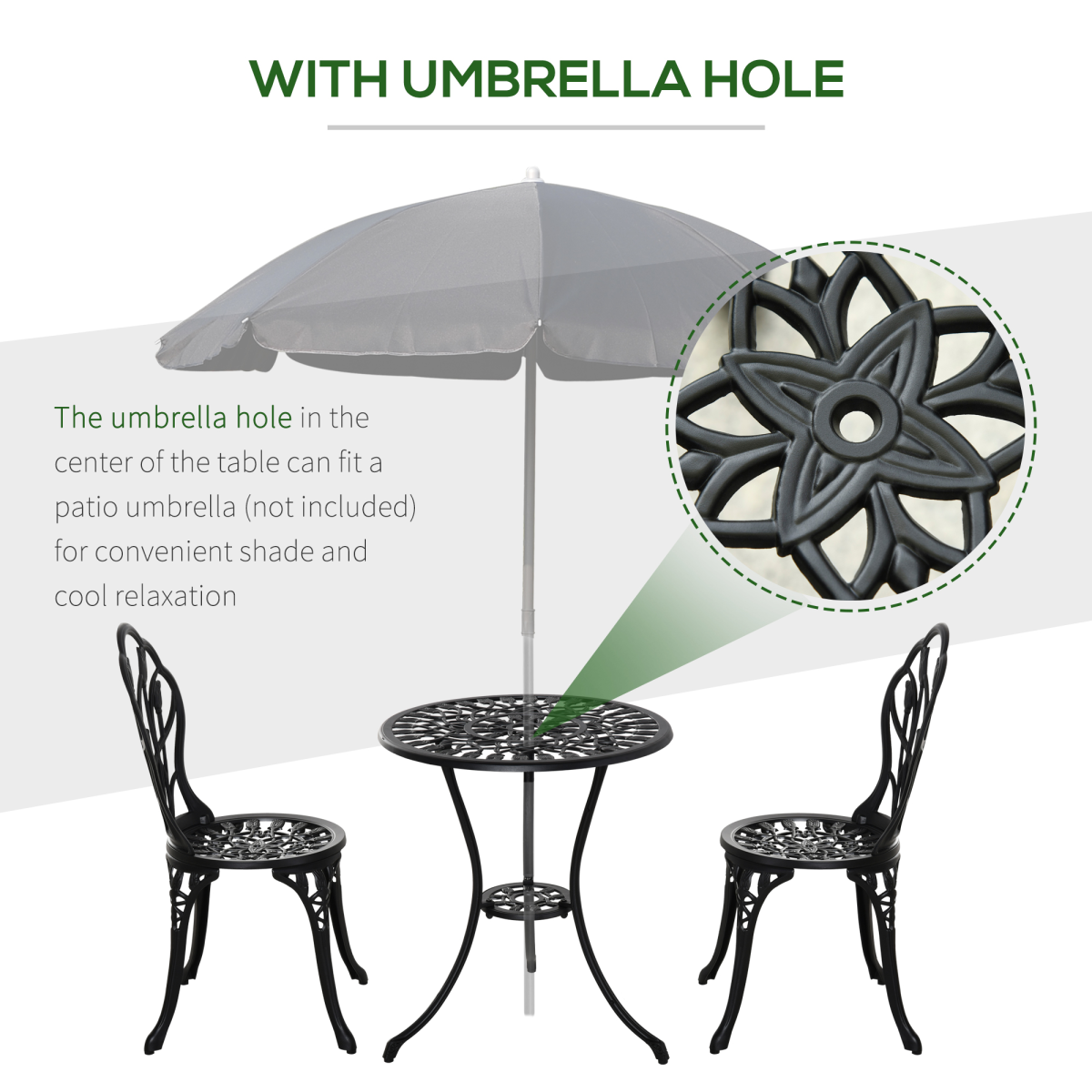 Outsunny 3 Piece Aluminium Bistro Set with Umbrella Hole, Black Garden Furniture