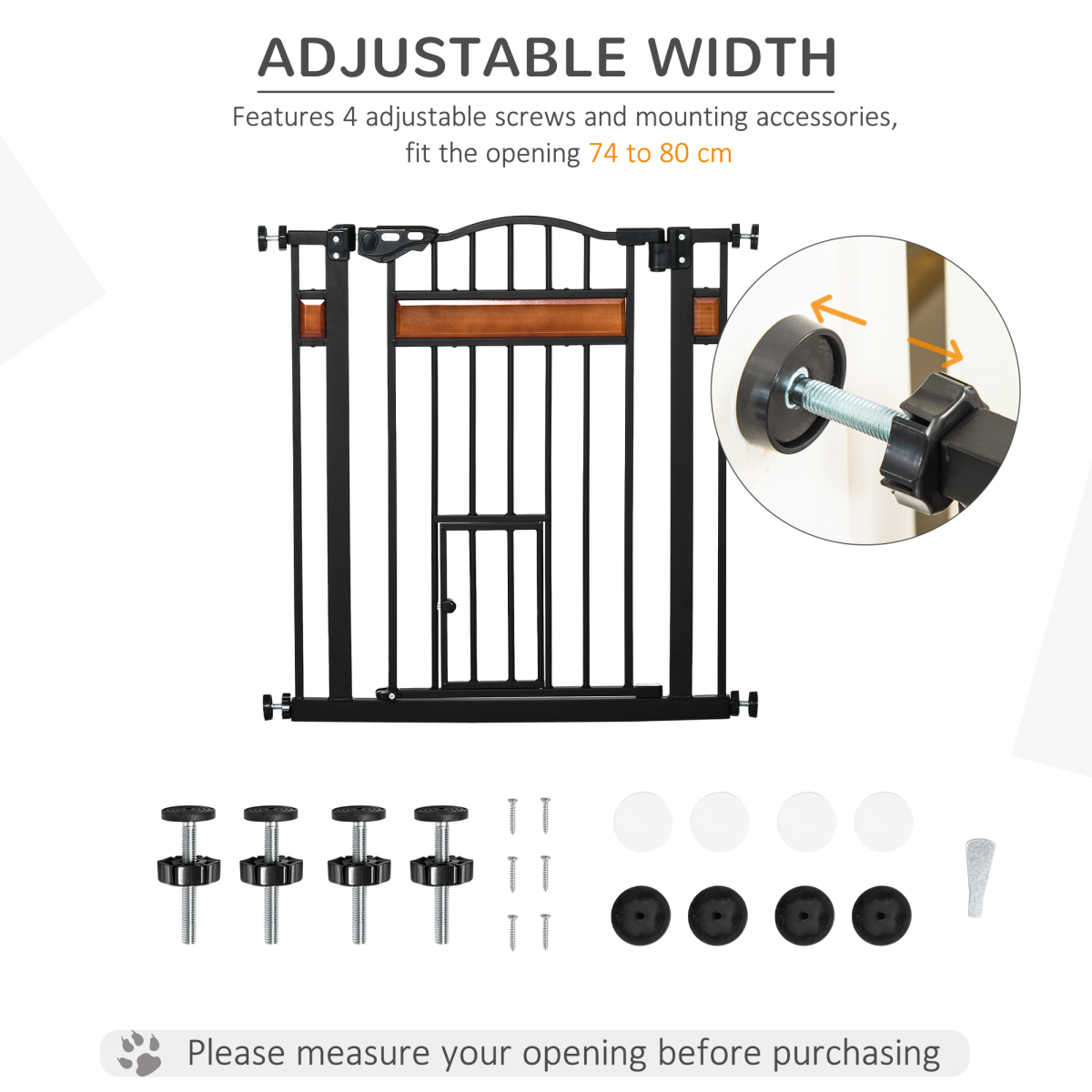 PawHut Dog Safety Gate with Cat Door, Auto-Close, Steel Frame, Pine Decor, 74-80 cm Wide
