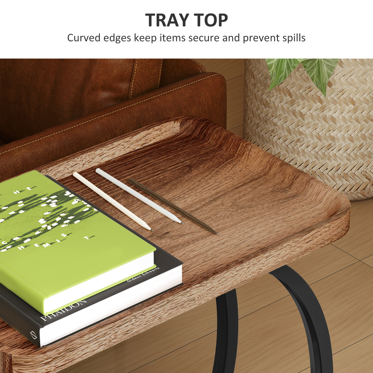 HOMCOM C-Shaped 2-Tier Side Table with Storage and Wheels, Brown