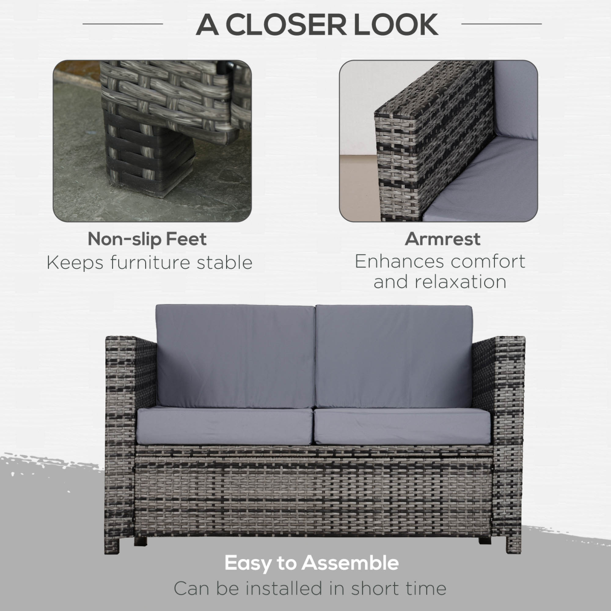 Outsunny 2-Seat Rattan Wicker Loveseat with Padded Cushions, Grey