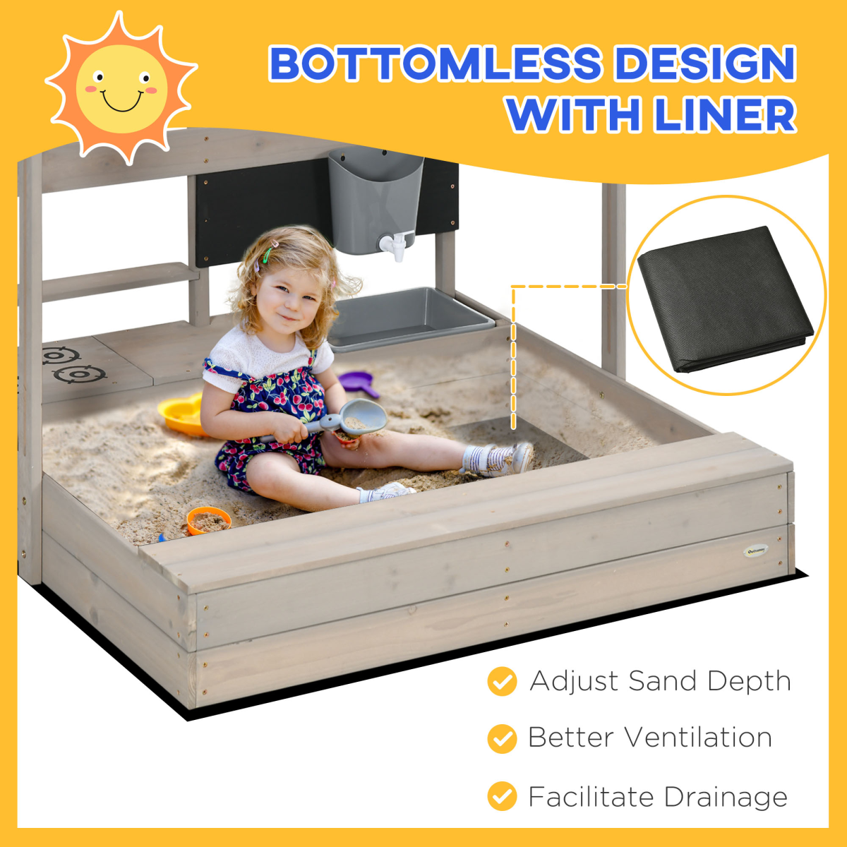 Outsunny Kids Wooden Sandbox with Canopy, Seat & Kitchen Toys