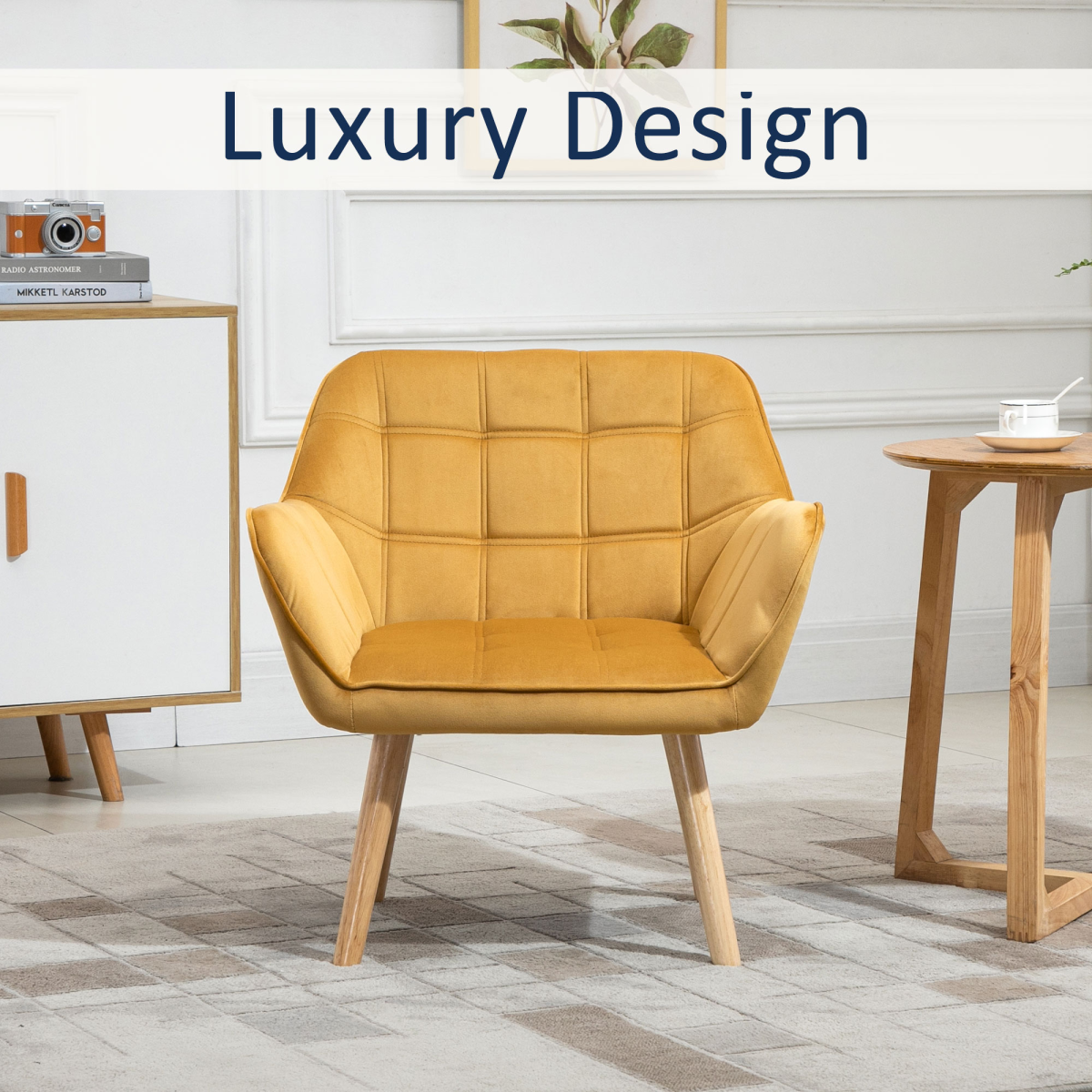 HOMCOM Velvet-Feel Tub Accent Chair with Wide Arms, Slanted Back and Wood Legs