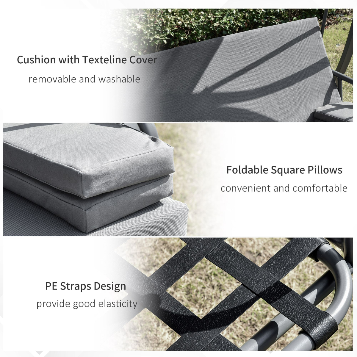 Outsunny 2-in-1 Swing Chair 3 Seater Bench Hammock Bed with Adjustable Canopy and Pillow, Grey