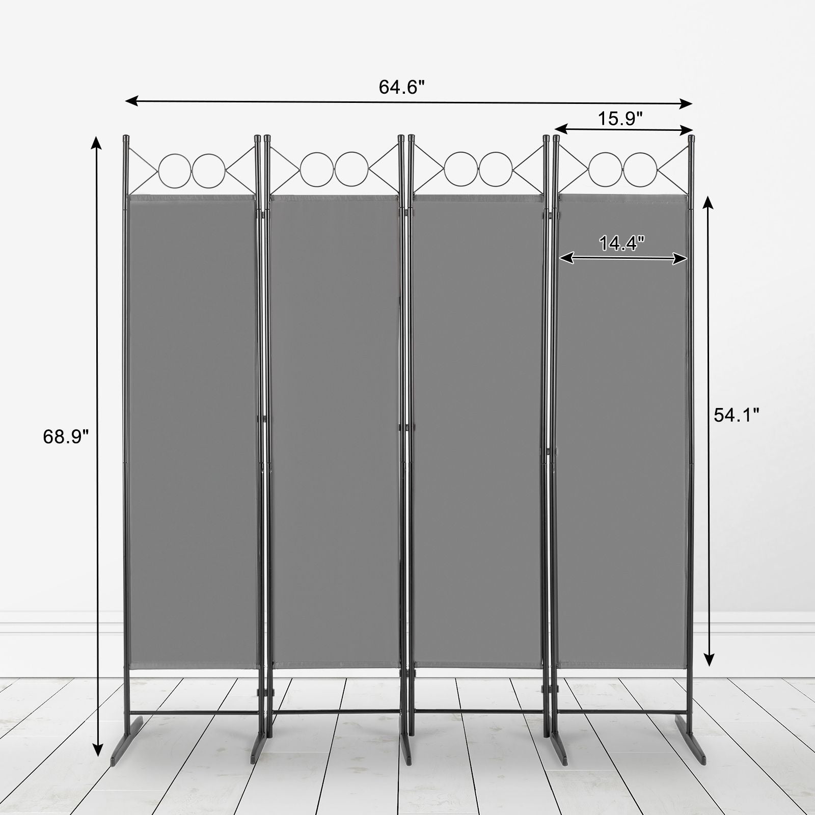 5.74FT 4-Fold Top With Shape 130g Polyester Cloth Plastic Feet Carbon Steel Frame Foldable Screen Gray