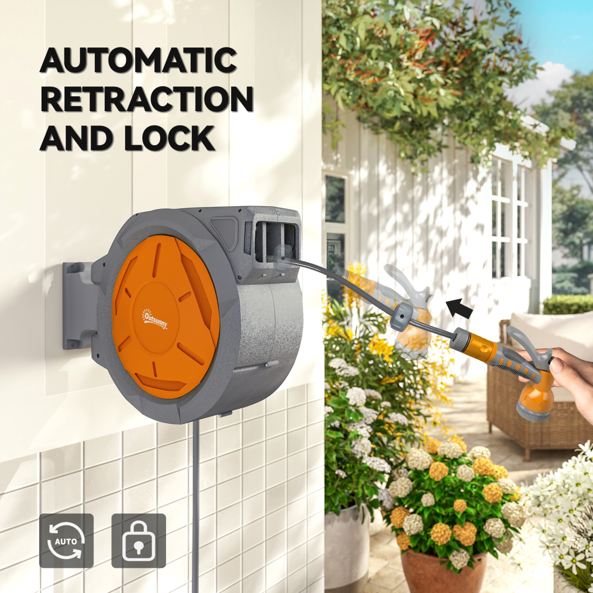Outsunny 30m Retractable Wall Mounted Hose Reel with Lock, Orange