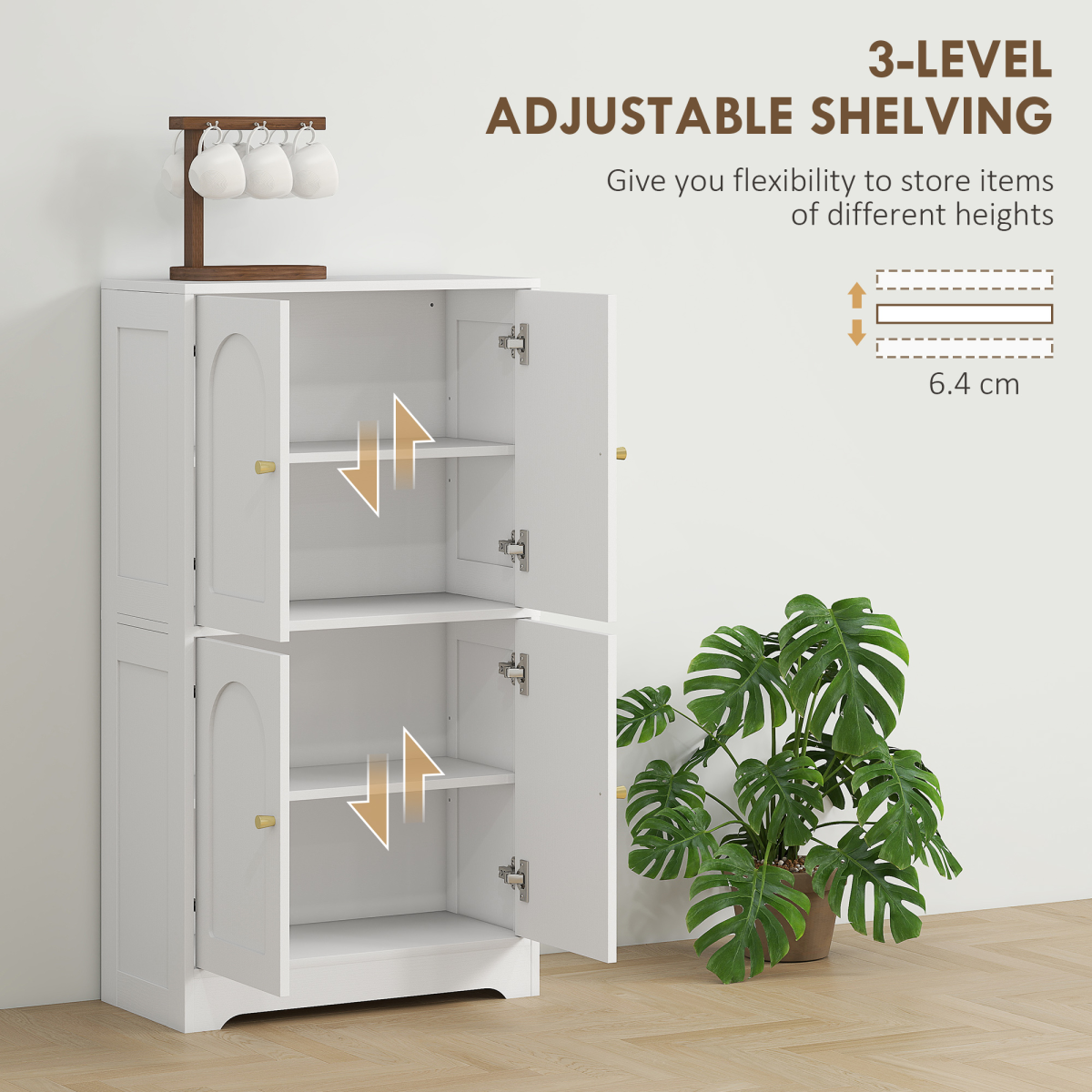 HOMCOM 110cm White Kitchen Cupboard with 4 Arched Doors and Adjustable Shelves