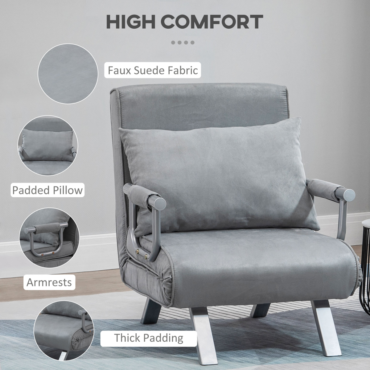 Sofa Bed Foldable Portable Armchair Sleeper Lounge Pillow Light Grey