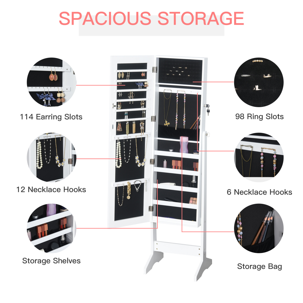 HOMCOM White Freestanding Full Length Mirror Jewellery Cabinet with Lock and Storage