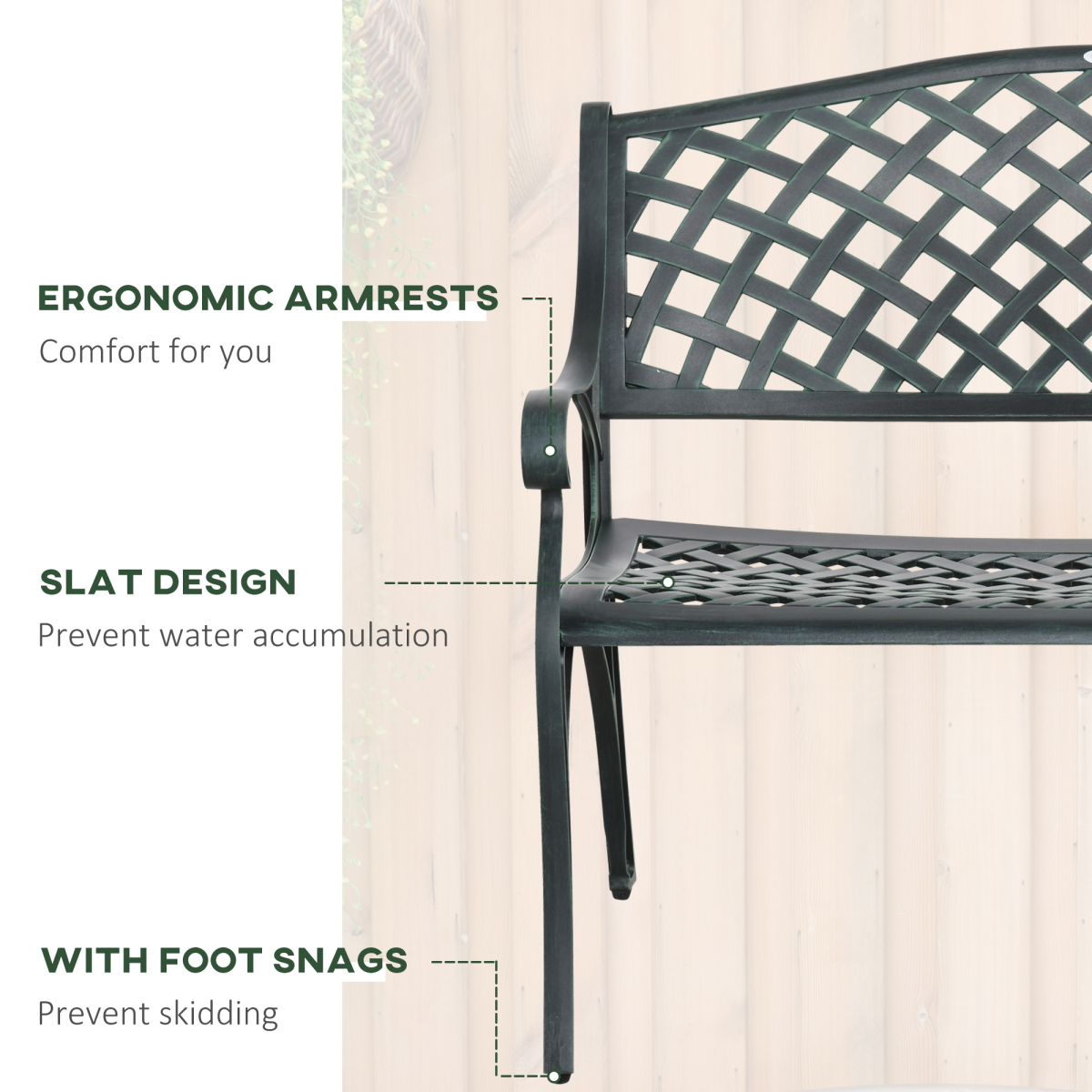 Outsunny Cast Aluminium 2 Seater Garden Bench with Armrests, Antique Patio Porch Loveseat, Verdigris