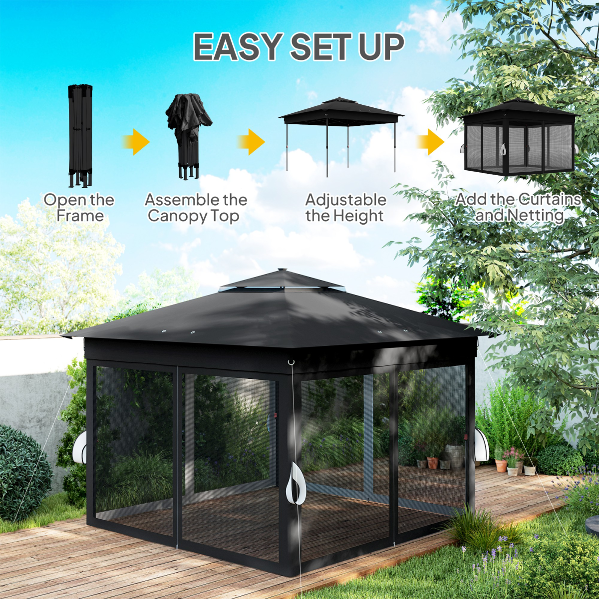 Outsunny 3 x 3m Pop Up Gazebo with Solar LED Lights and Netting, Black