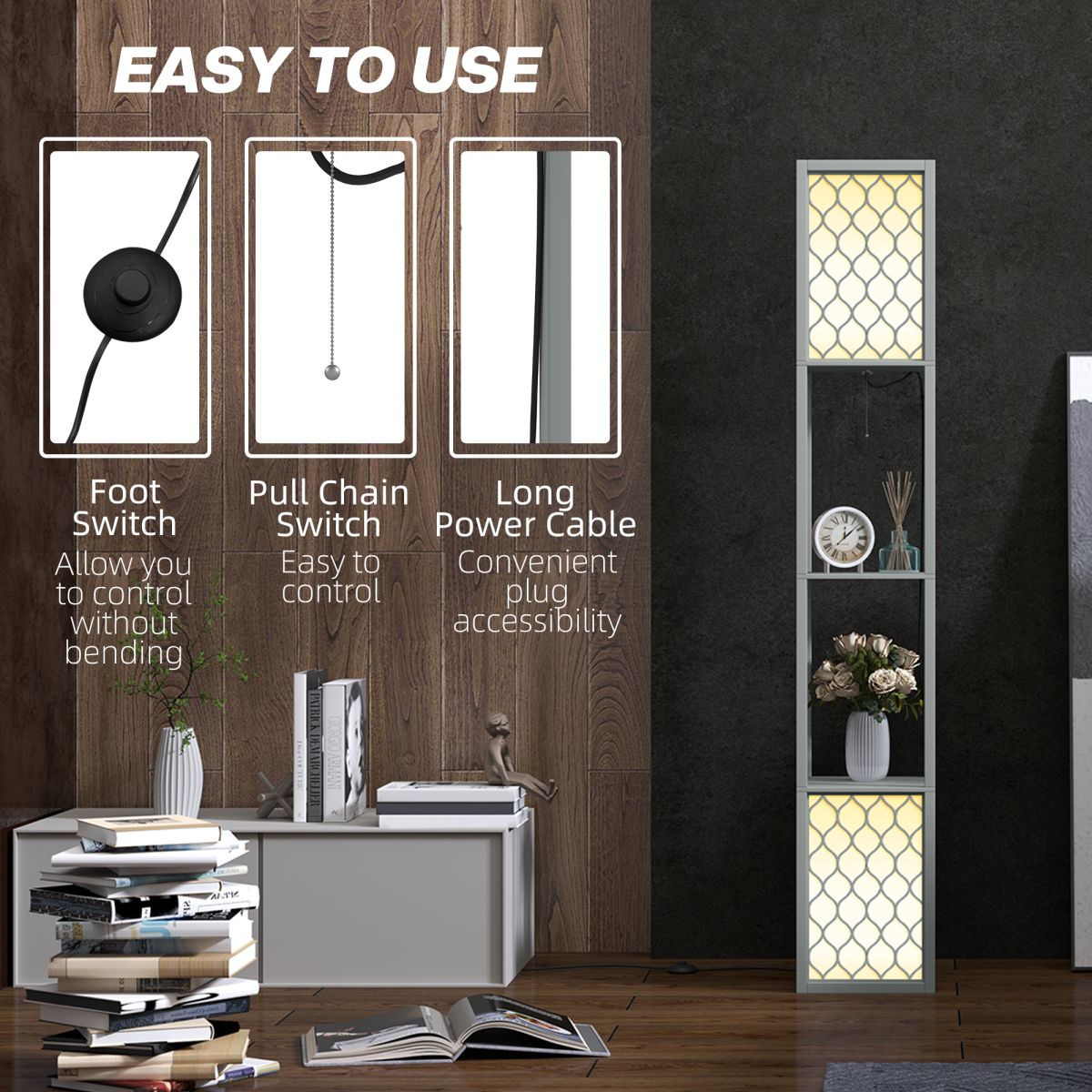 HOMCOM 2-Light Modern Floor Lamp with Shelves, Light Grey