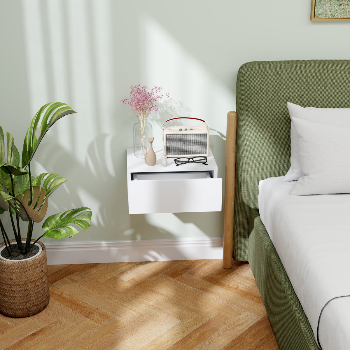 HOMCOM Wall-Mounted Floating Bedside Table with Drawer, White