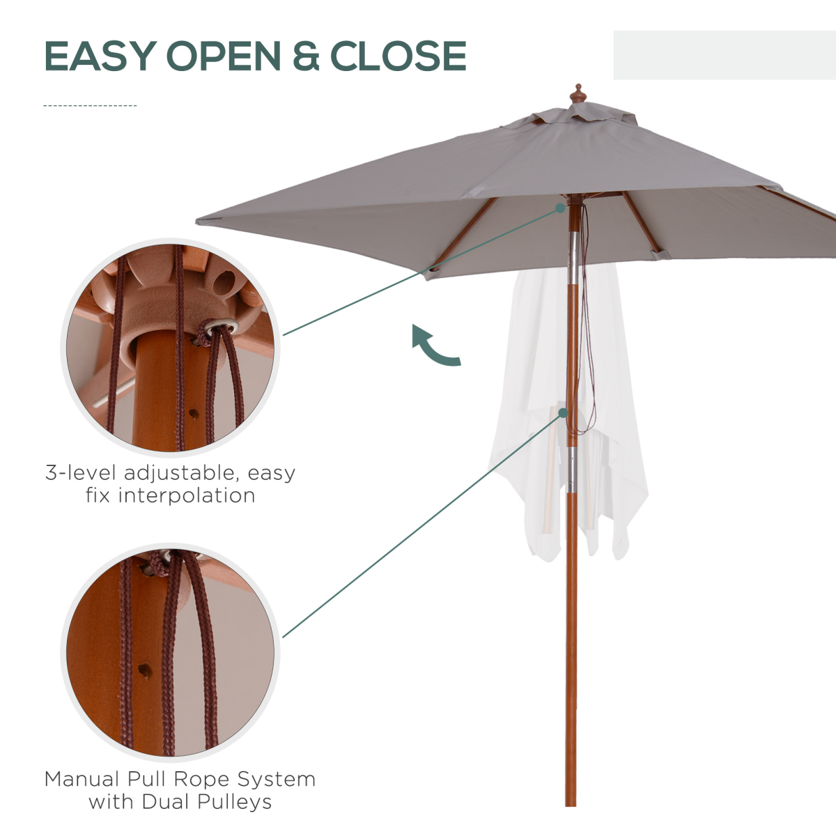Outsunny Wooden Tilting Patio Umbrella, Grey, 6-Rib Sunshade