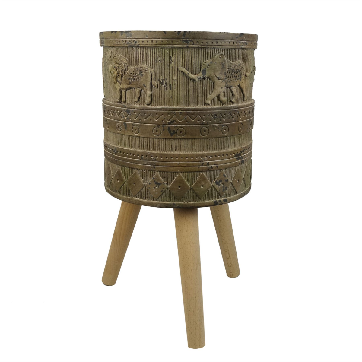 Leaf Large Jungle Planter with Legs, Embossed Lion Elephant, 55cm x 29cm, Fibreglass Composite
