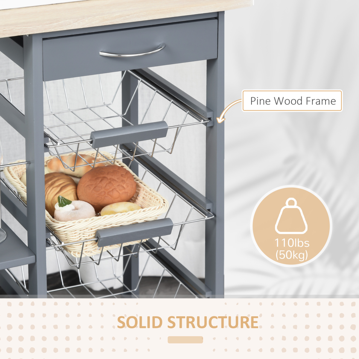 HOMCOM Kitchen Island Trolley on Wheels with Drawer, 4 Removable Metal Baskets, 2 Side Racks, Dark Grey