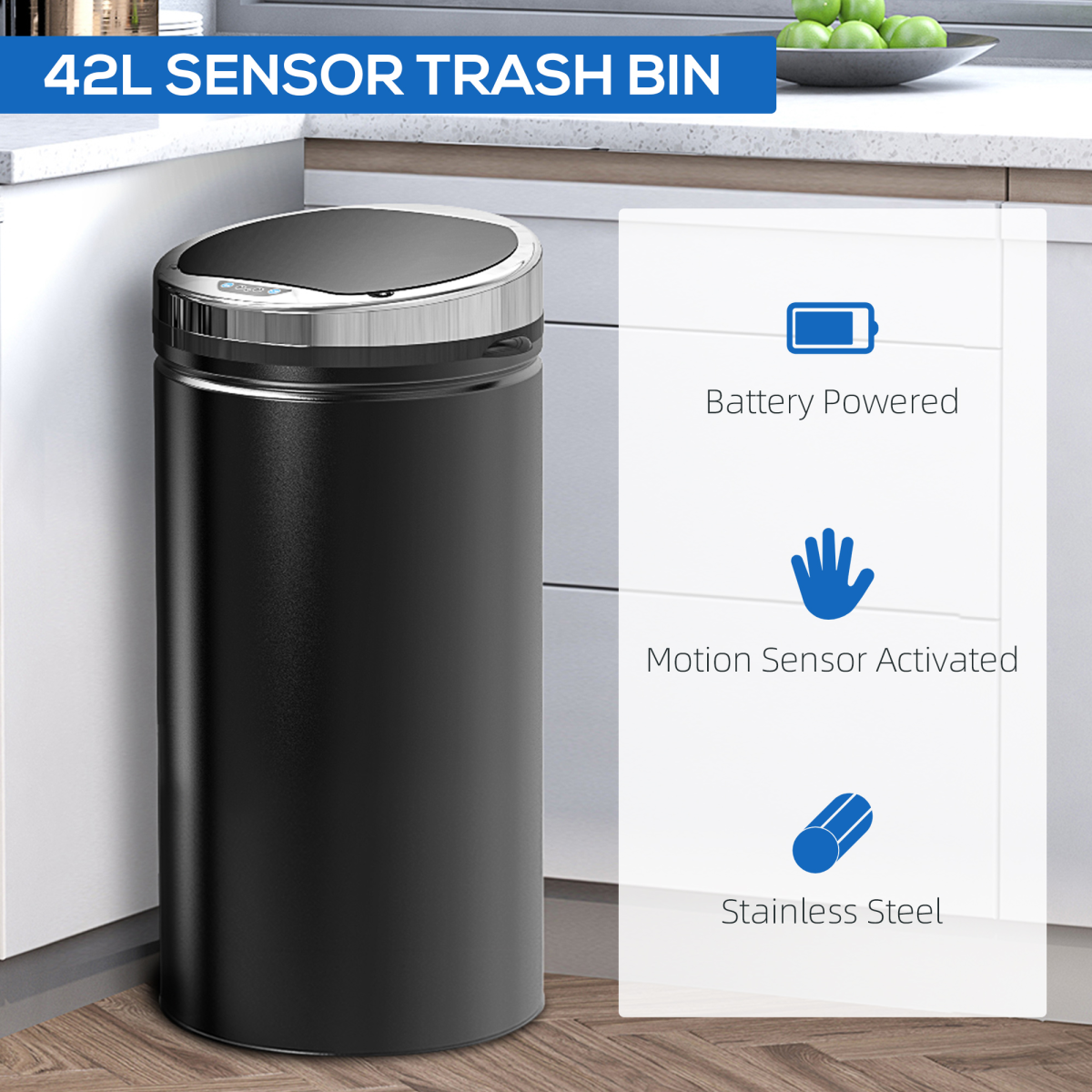 HOMCOM 42L Stainless Steel Sensor Trash Can with Removable Inner Bucket, Black