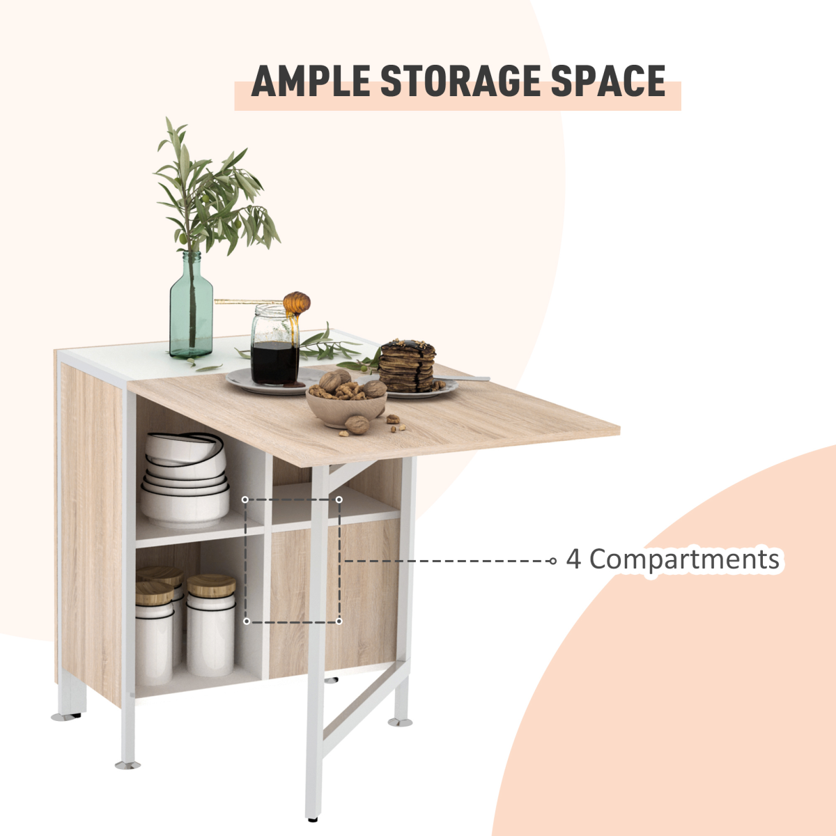 HOMCOM Folding Drop-Leaf Table Desk with Storage Shelf, Oak and White, Home Office