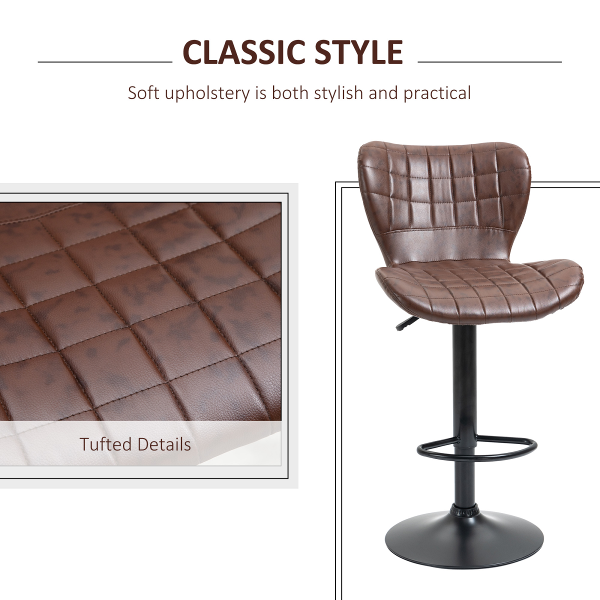 HOMCOM Set of 2 Adjustable Height Swivel Bar Stools with Backrest, PU Leather, Brown