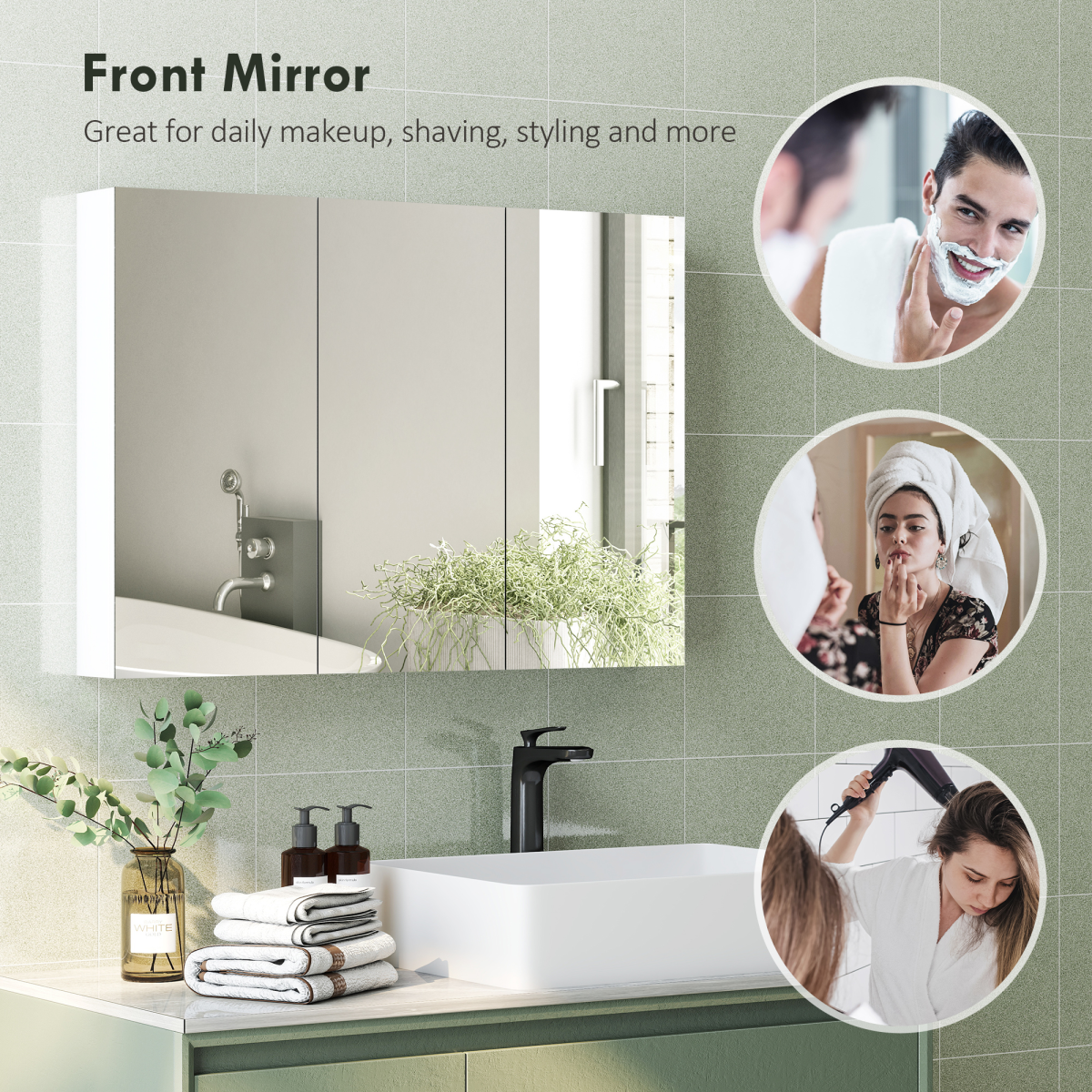 HOMCOM Bathroom Mirror Cabinet, 3 Doors, 6 Shelves, White