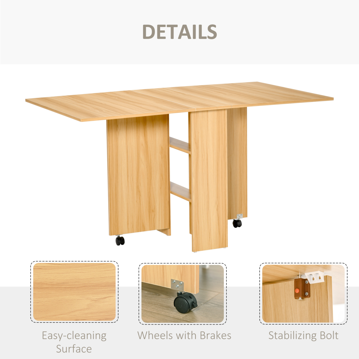 HOMCOM Foldable Dining Table with Storage Shelves, Teak