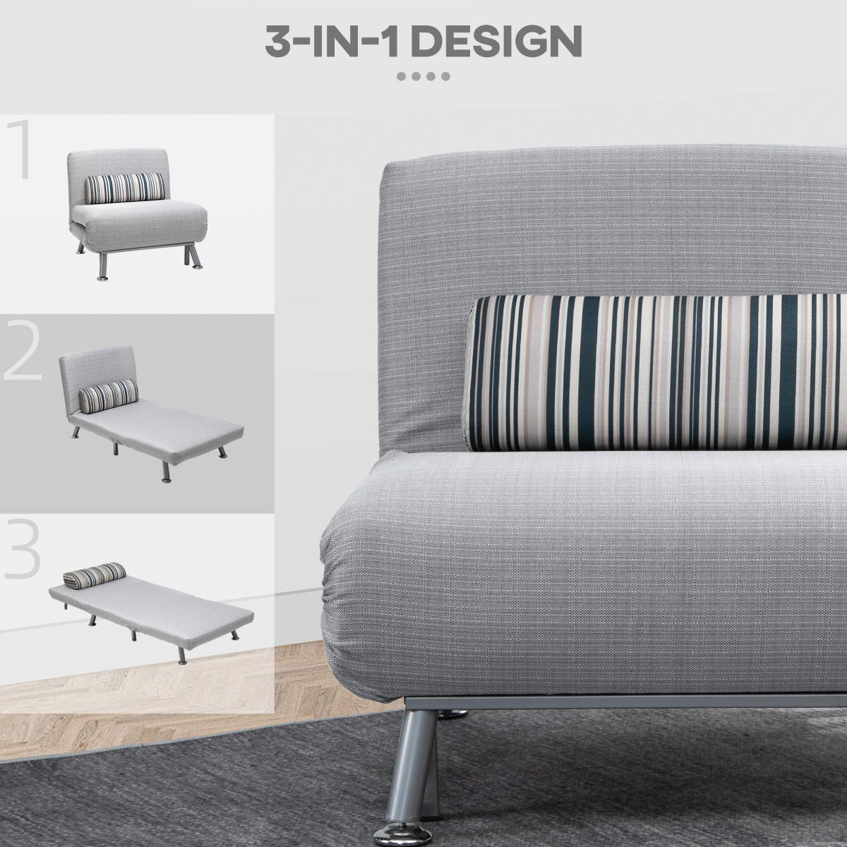Single Sofa Bed Folding Chair Bed with 5-Position Adjustable Back, Steel Frame, Pillow, Grey/Silver