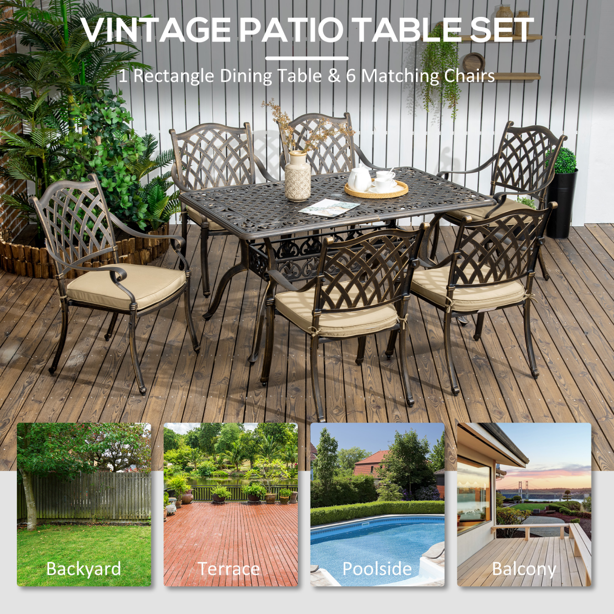 Outsunny 7-Piece Cast Aluminum Patio Dining Set with Cushions, Bronze