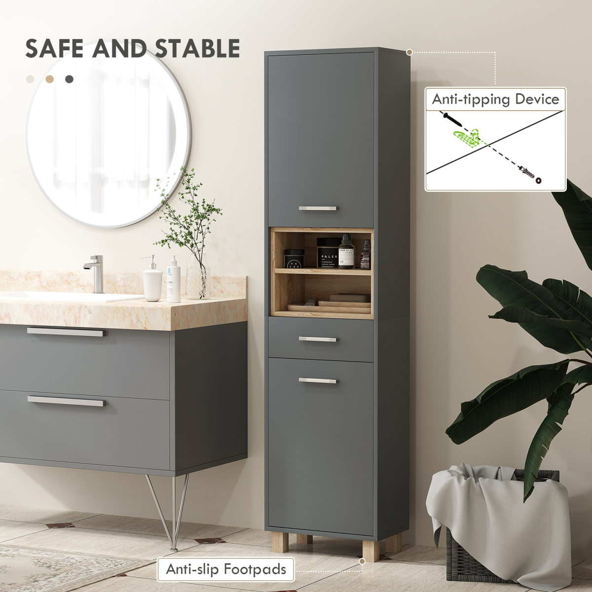 HOMCOM Grey Bathroom Storage Unit with Cabinets, Shelves and Drawer