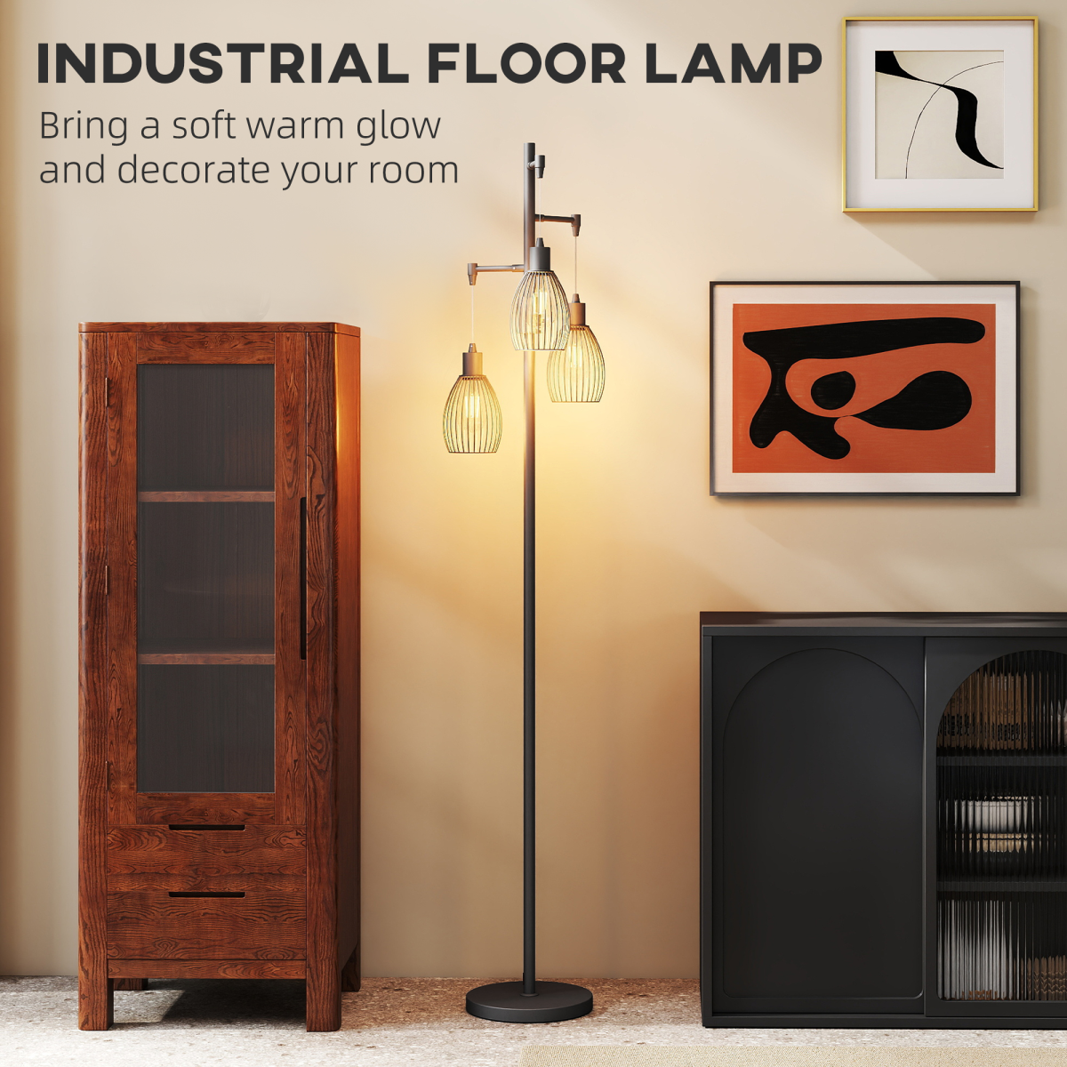 HOMCOM Industrial 3-Light Dimmable Floor Lamp, Black, 2700K