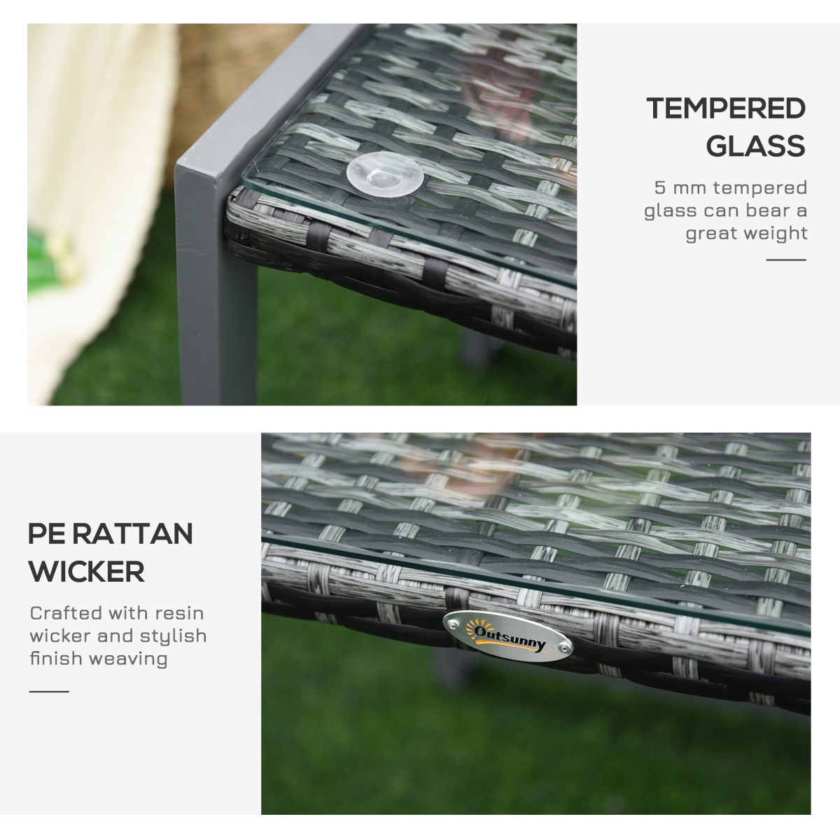 Outsunny Grey PE Rattan Patio Table with Tempered Glass Top and Aluminium Frame