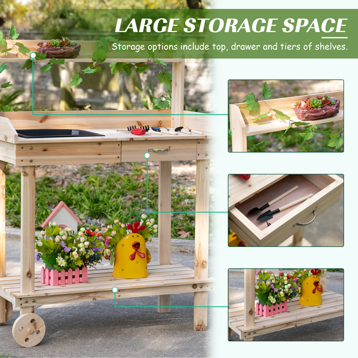 Outsunny Wooden Potting Table with Removable Sink, Drawer, Shelves and 2 Wheels, 92 x 45 x 119cm