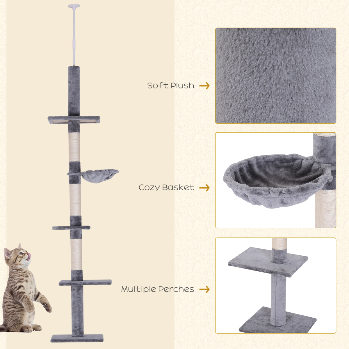 Cat Tree Scratching 5-Tier Kitty Tower Floor to Ceiling Adjustable Pawhut