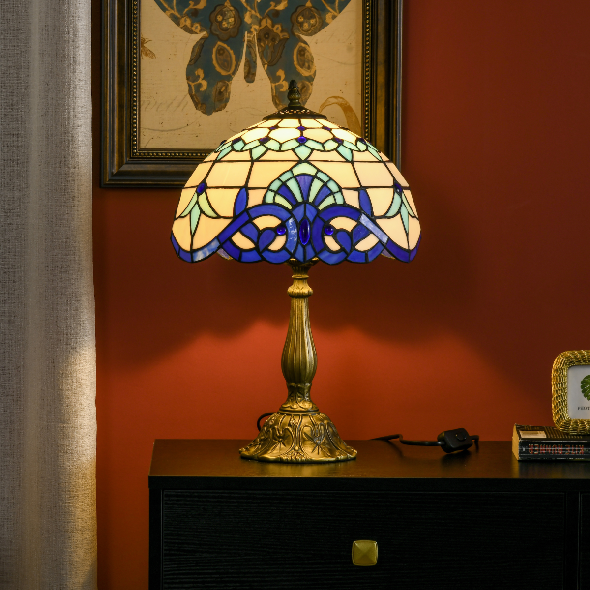HOMCOM Stained Glass Table Lamp, Blue/White, E27 Bulb Not Included