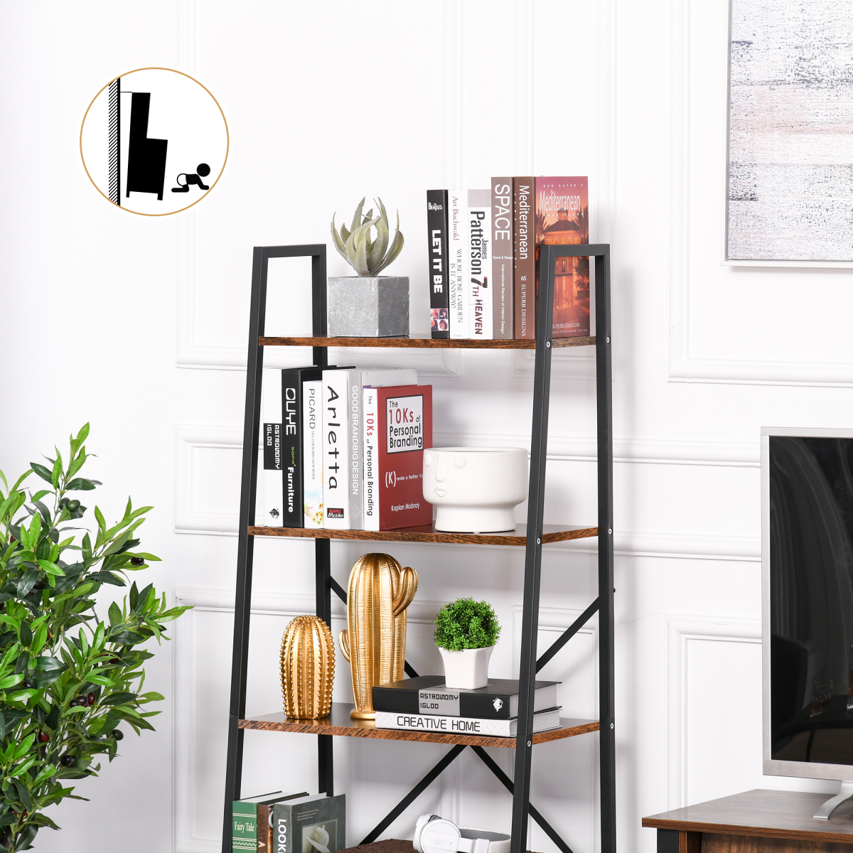 4-Tier Minimalist Ladder Shelf Unit with Steel Frame and MDF Shelves for Home Display and Storage