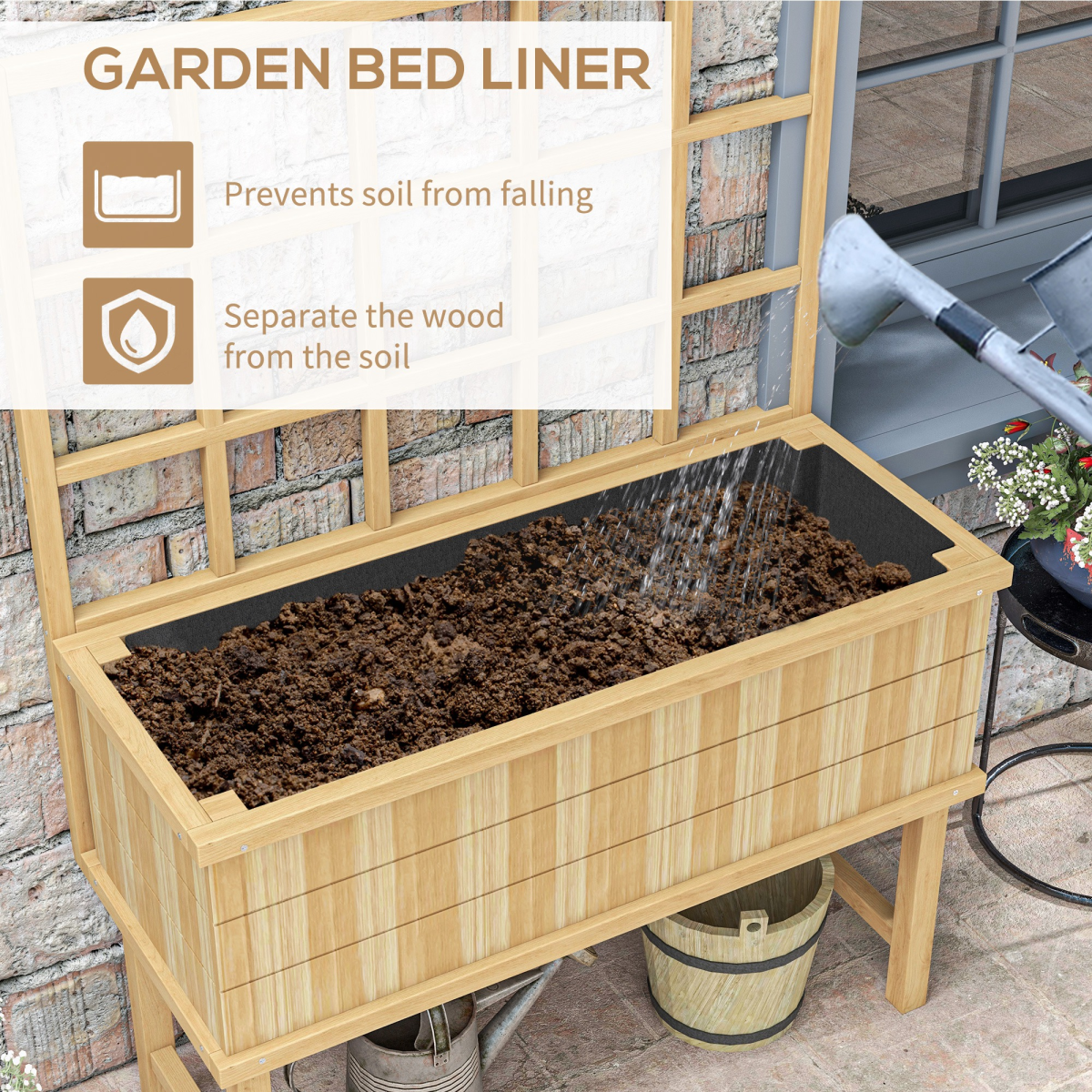 Outsunny Natural Wood Raised Planter Box with Trellis, Drain Holes, Elevated Garden Bed