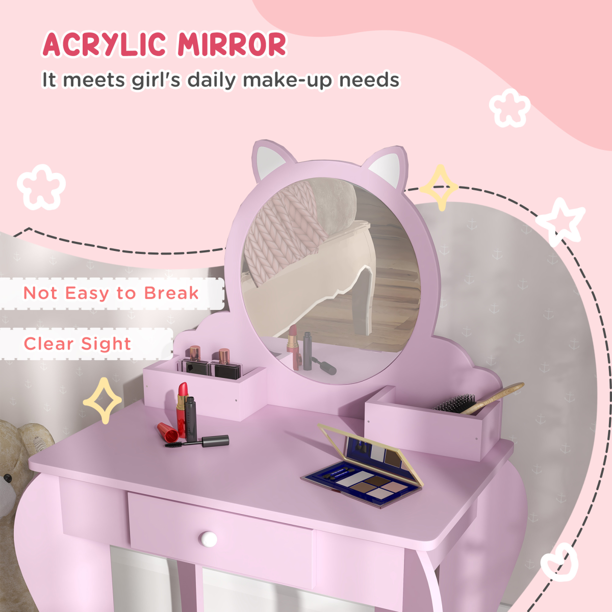 ZONEKIZ Kids Dressing Table Set with Mirror, Stool, Drawer and Storage Boxes, Cat Design, Pink