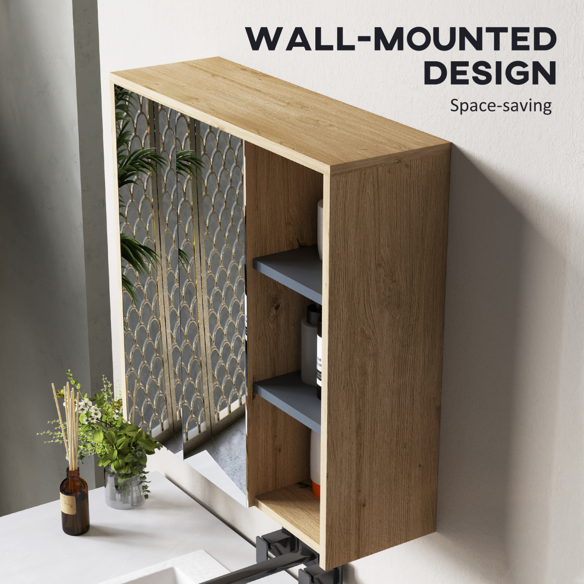 HOMCOM Wall Mounted Bathroom Mirror Cabinet with 5 Shelves, Natural