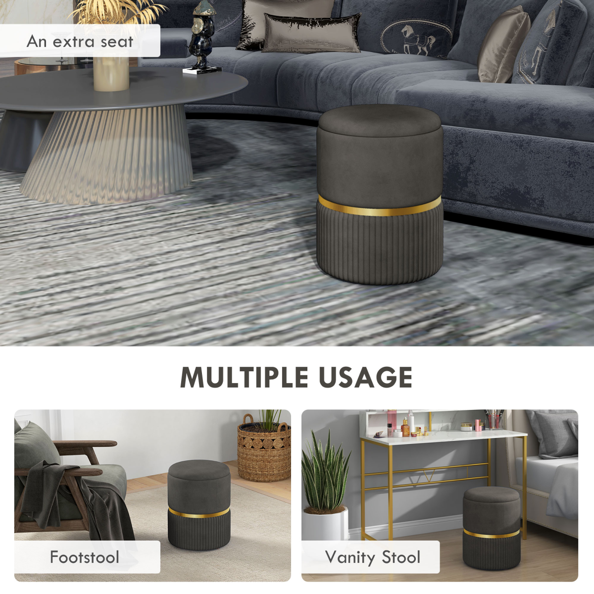 HOMCOM Round Storage Pouffe Footstool with Cushioned Top, Grey