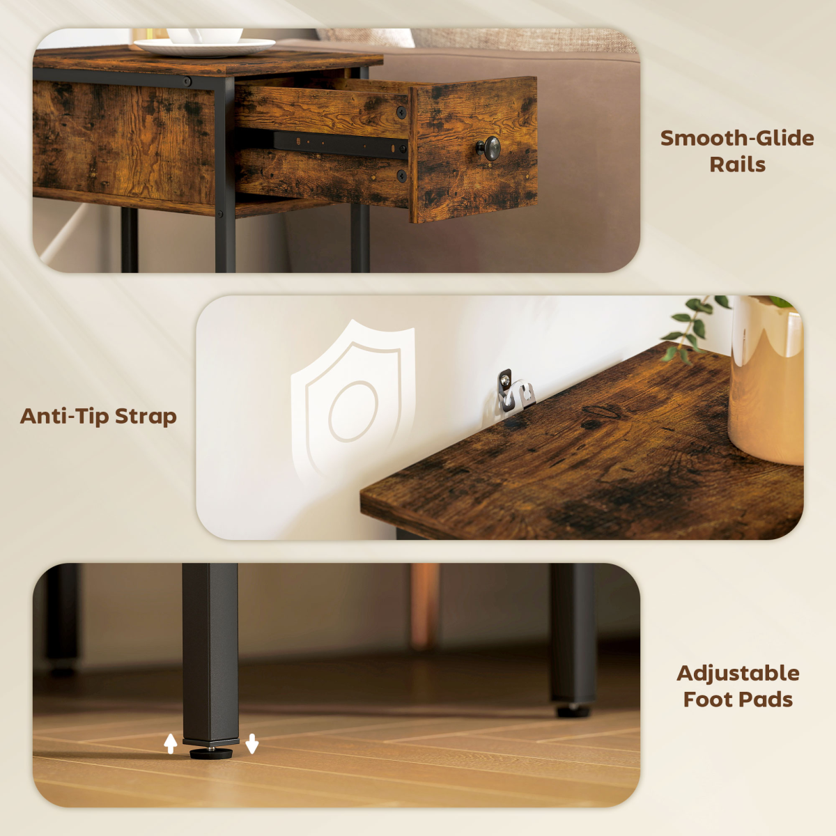 HOMCOM Industrial Narrow End Table with Drawer & Shelf, Rustic Brown
