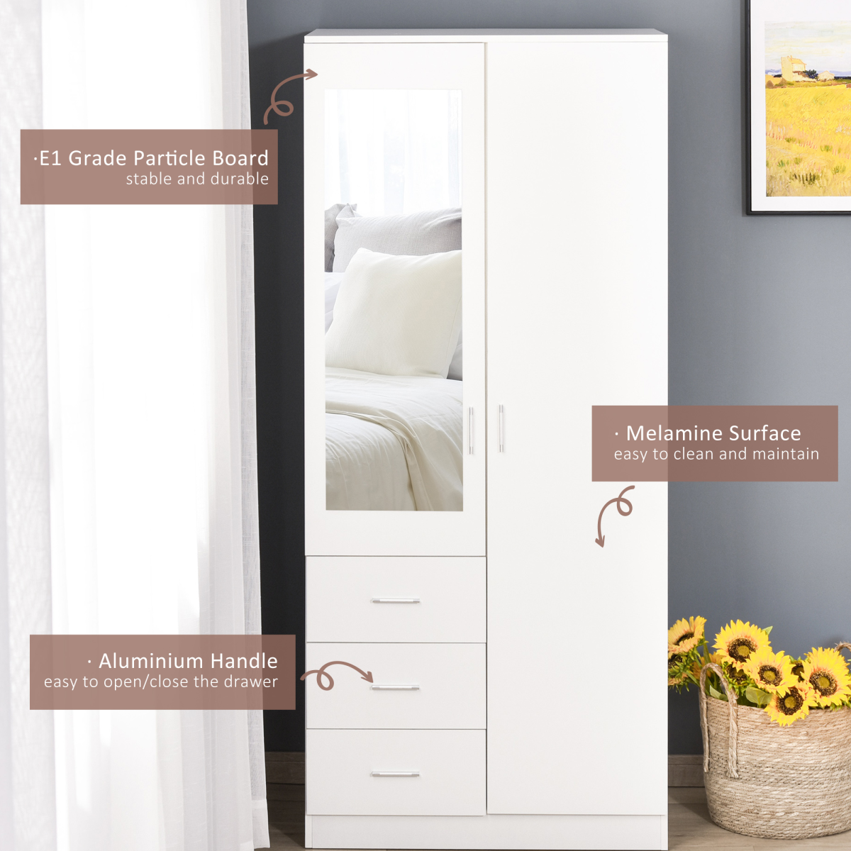 White 2-Door Wardrobe with Mirror, 3 Drawers, Shelves & Rail