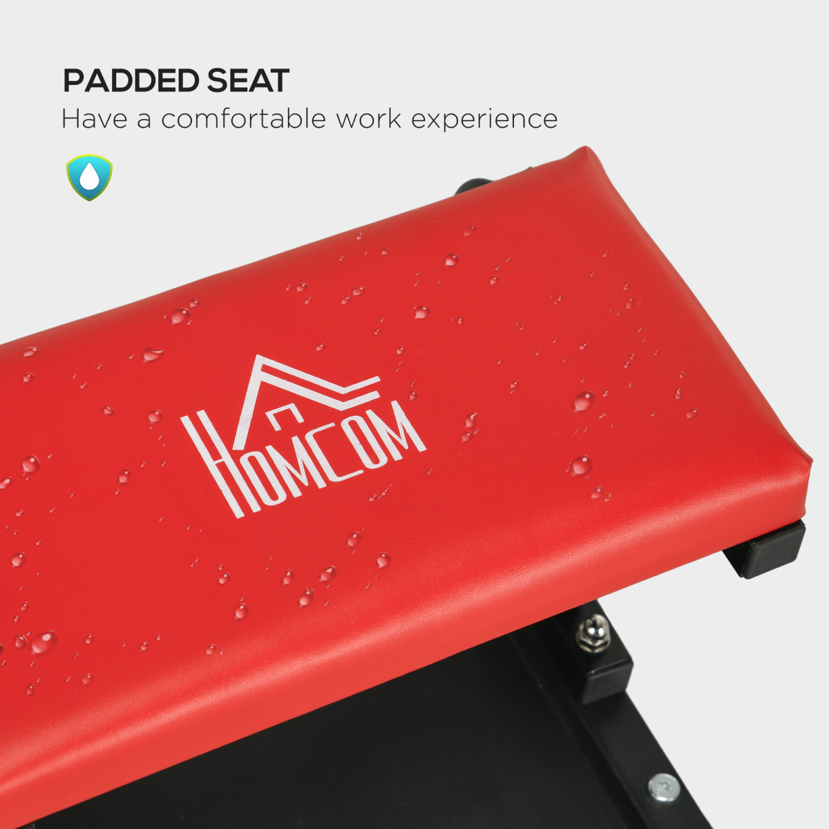 HOMCOM Rolling Workshop Stool with Tool Tray and Padded Seat, Red