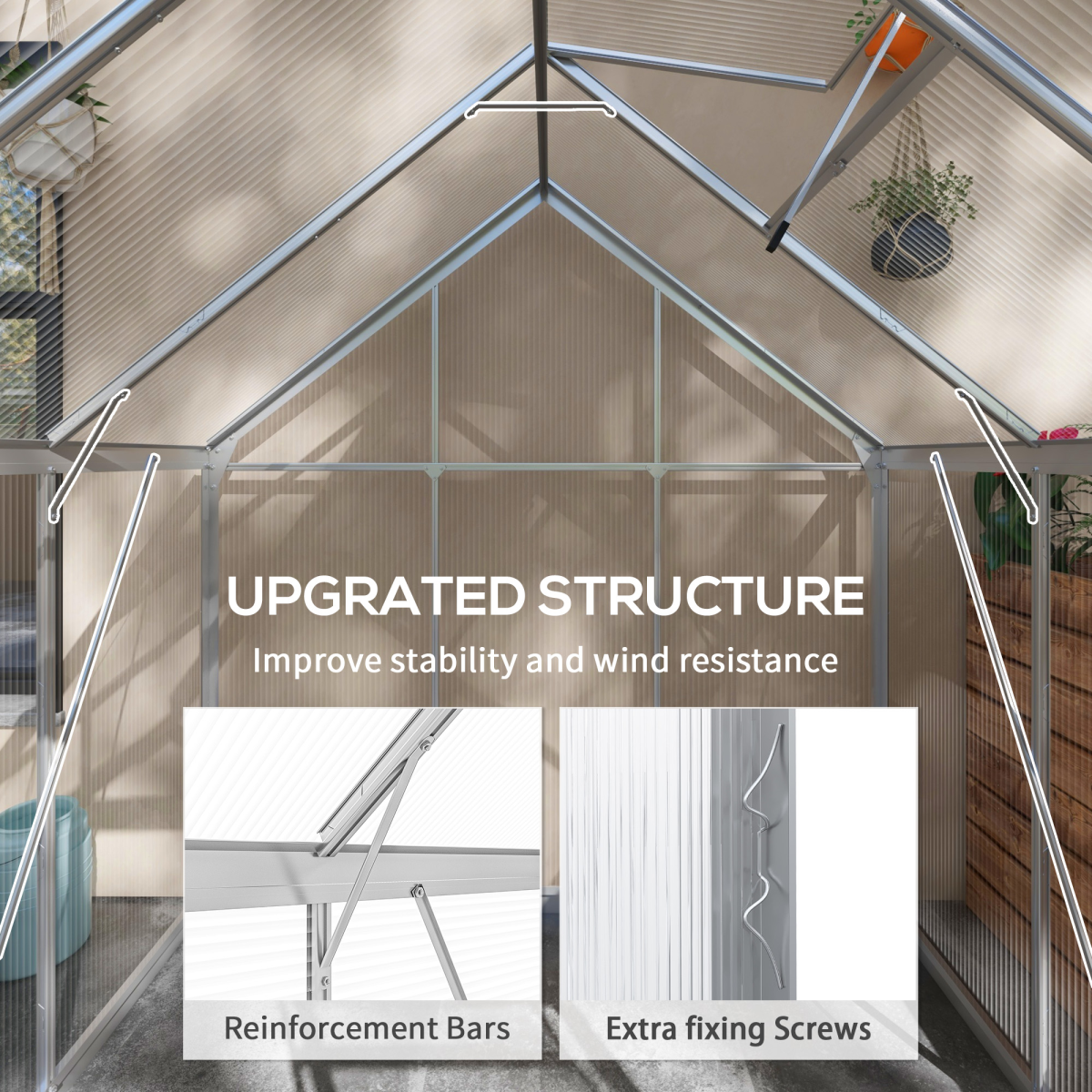 Outsunny 6 x 6 ft Walk-In Polycarbonate Greenhouse with Foundation, Sliding Door and Adjustable Window, Silver