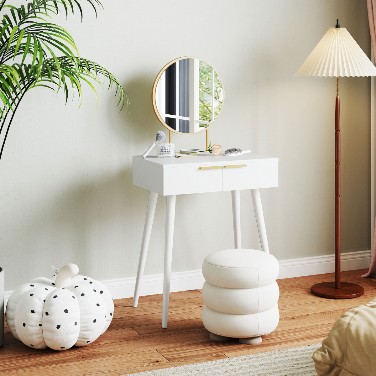 HOMCOM Modern Dressing Table with 2 Drawers & Round Mirror, White