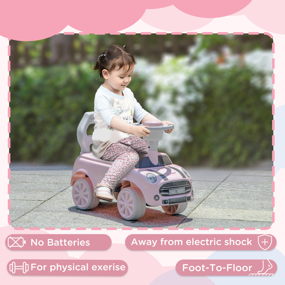 AIYAPLAY Pink Foot-to-Floor Ride On Car with Air Horn