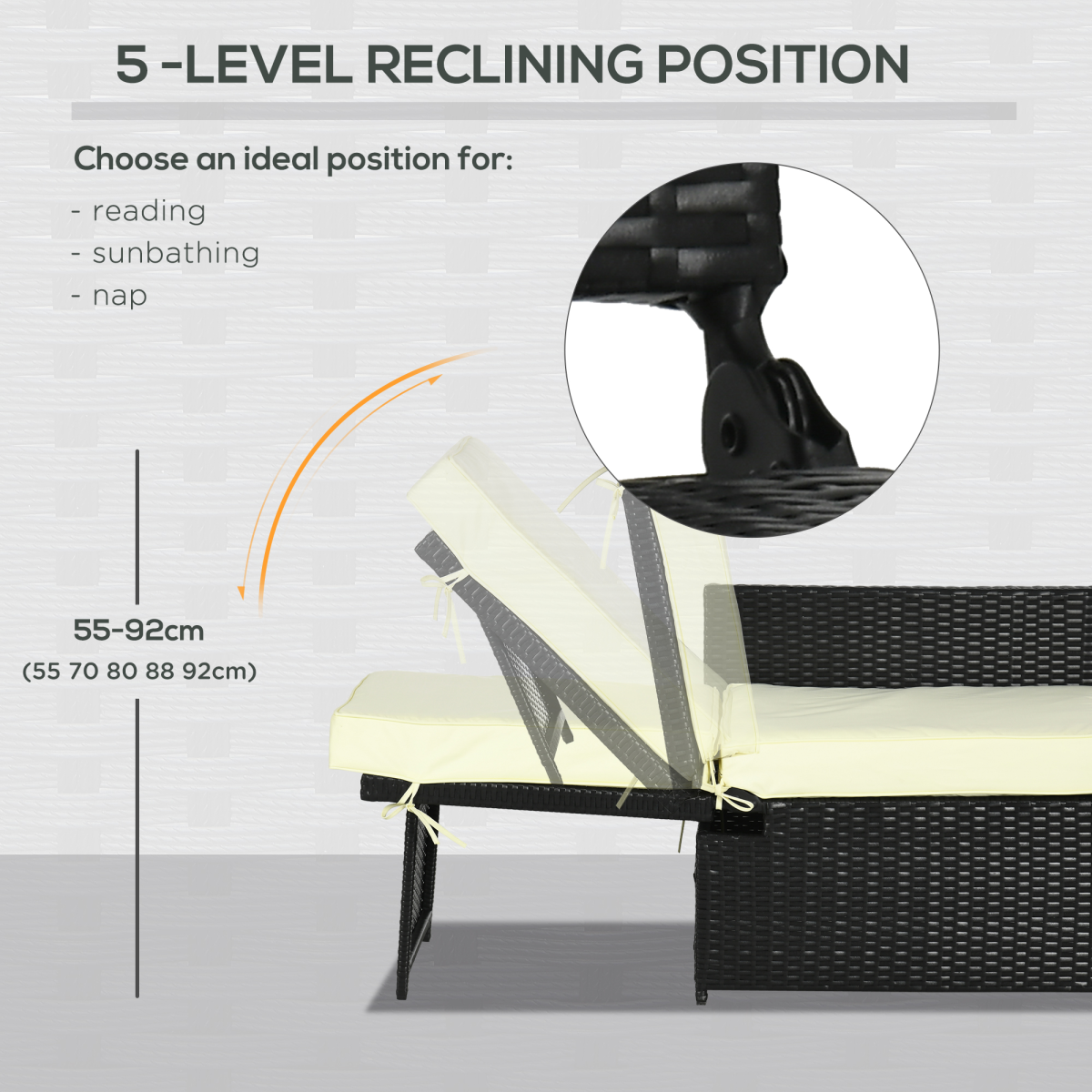 Outsunny 5-Position Adjustable Rattan Sun Lounger Set with Table & Footstools, Black