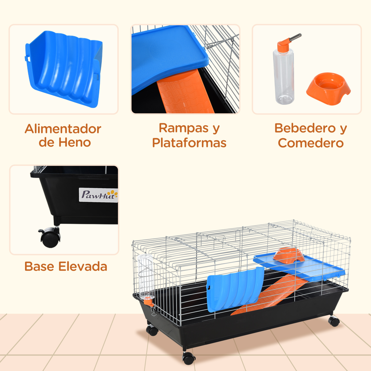 Pawhut 89cm Small Animal Home Cage with Wheels, Platform, Ramp, Hay Feeder, Water Bottle and Food Dish, Black