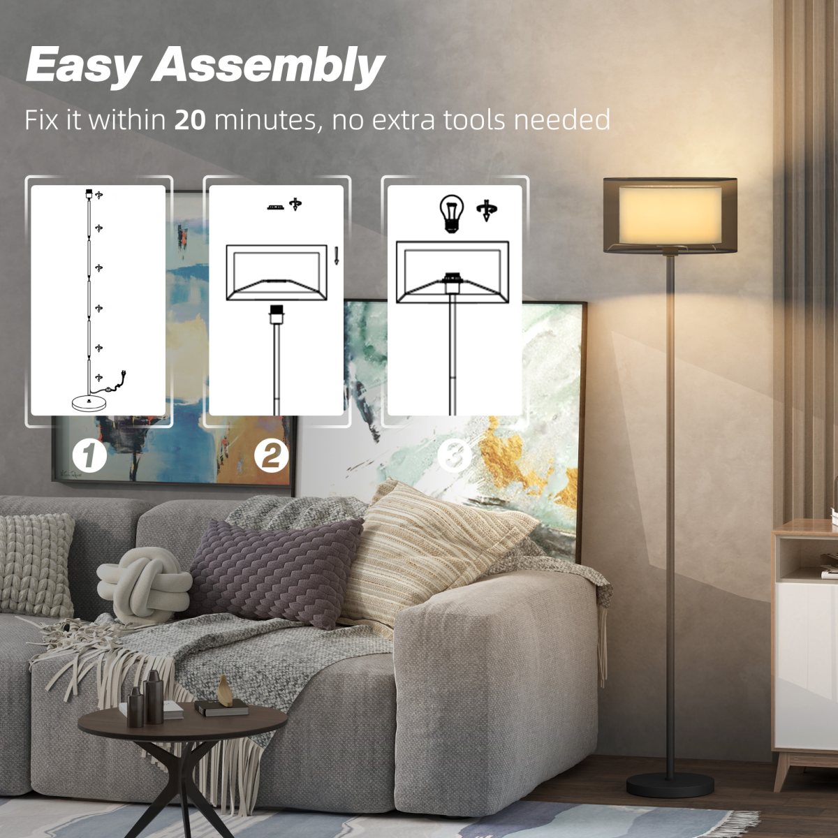 HOMCOM Modern Floor Lamp with Double-Layer Shade, Foot Switch, Black