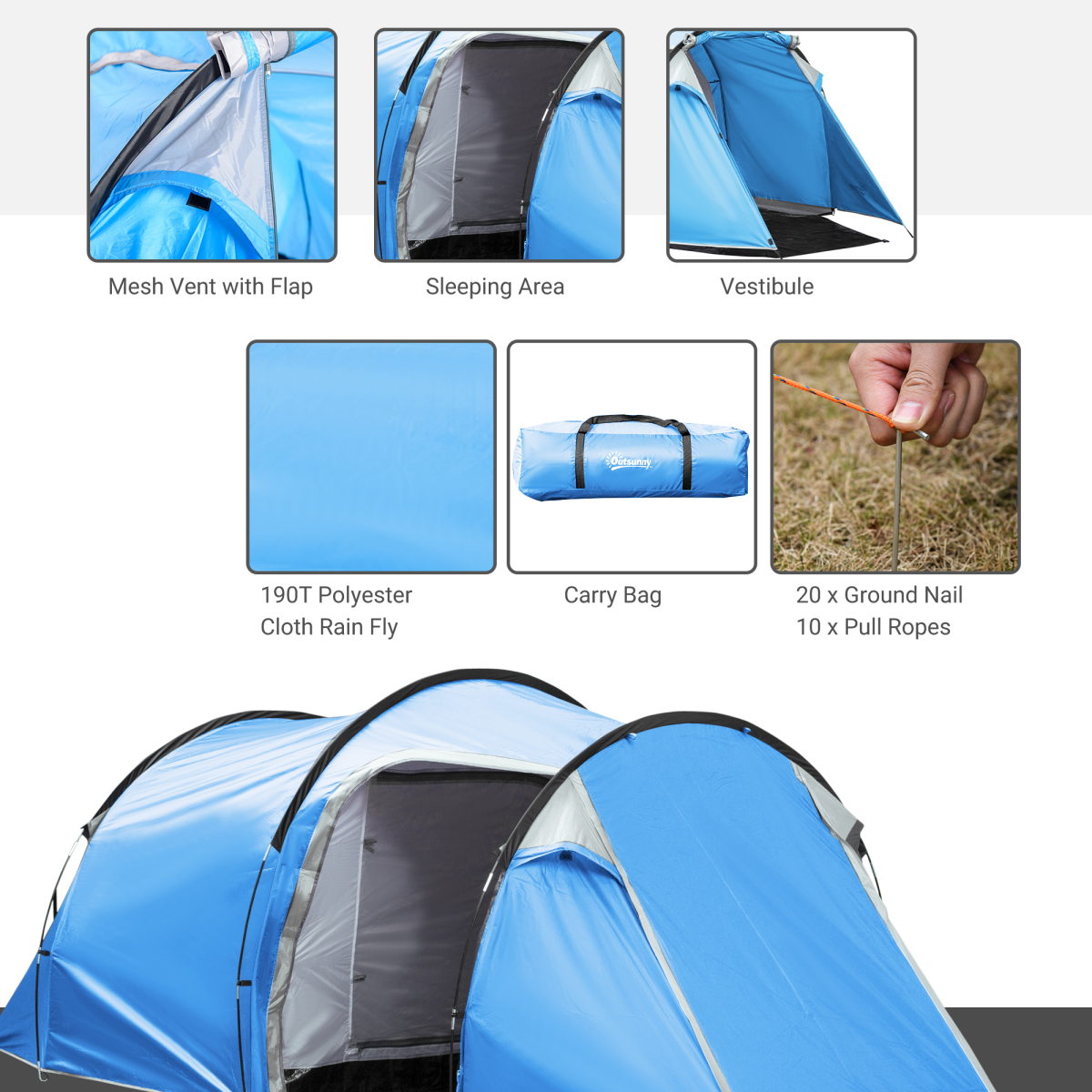 Outsunny 3 Man Camping Tent, 2-Room Design with Front Porch, Mesh Vents, Weather-Resistant, 2000mm Waterproof Index